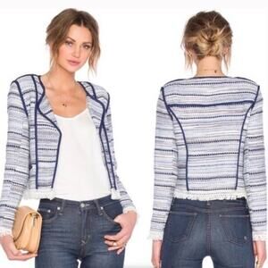 Lovers + Friends Blue Cropped Tweed Open Front Blazer Size Small
